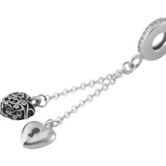 Simulated Diamond Heart to Heart Charm/Pendant in Rhodium Over Sterling Silver - Picture 4 of 5